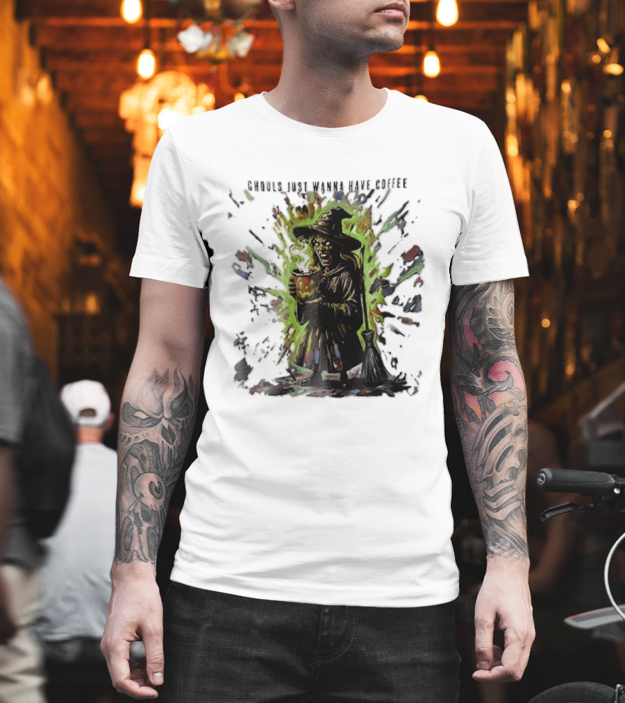Ghouls Just Wanna Have Coffee Witch With Pumpkin And Broom Colorful Splatter T-Shirt