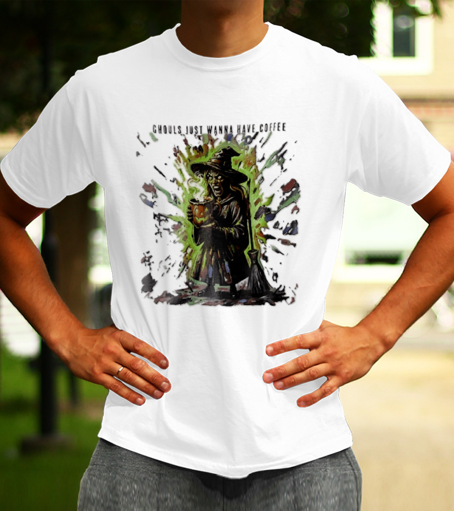 Ghouls Just Wanna Have Coffee Witch With Pumpkin And Broom Colorful Splatter T-Shirt