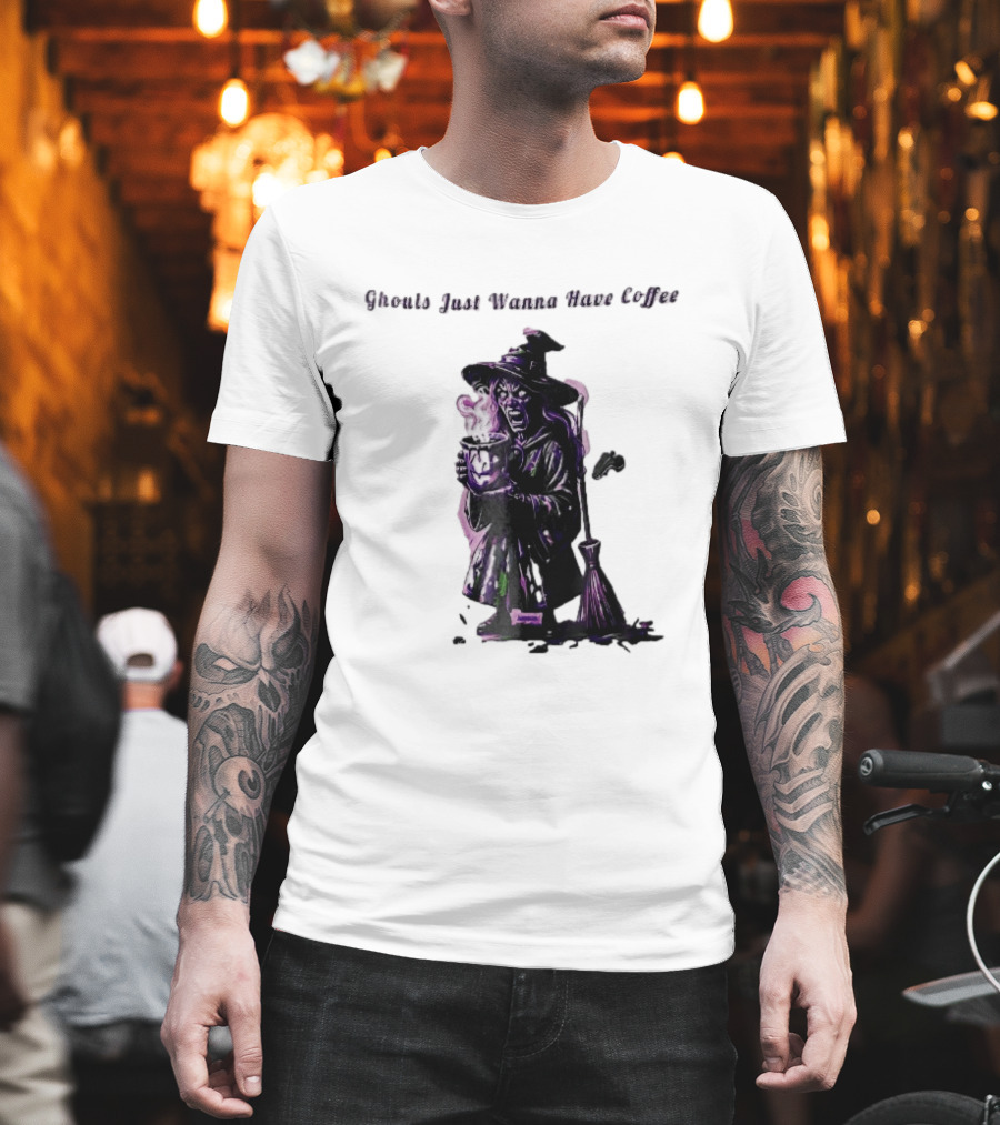 Ghouls Just Wanna Have Coffee Witch Holding Steaming Broomstick T-Shirt