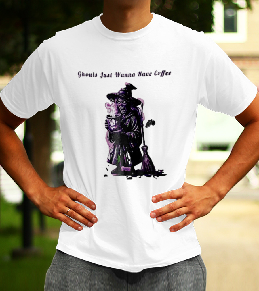 Ghouls Just Wanna Have Coffee Witch Holding Steaming Broomstick T-Shirt