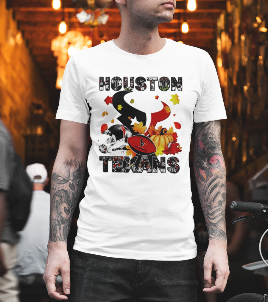 Houston Texans Football Autumn Fall Pumpkin Helmet Leaves 2026 Halloween T-Shirt