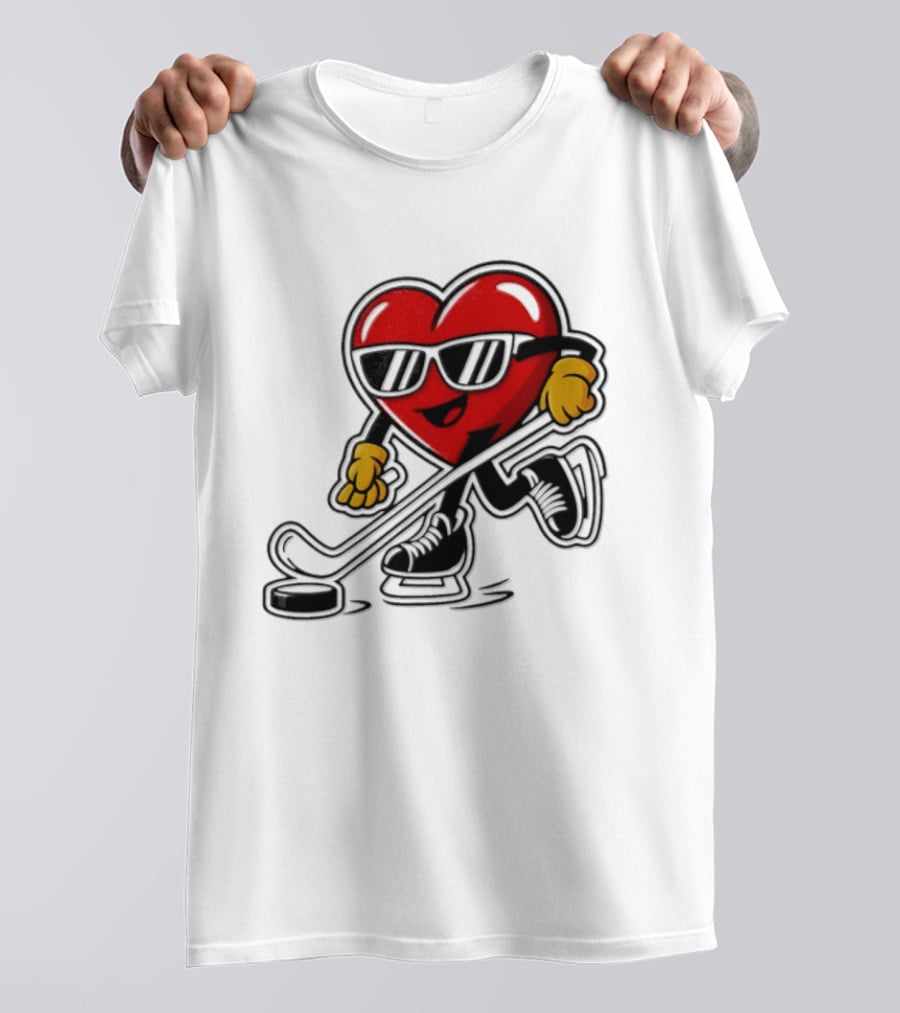 I Love Hockey Heart Character With Sunglasses And Stick T-Shirt