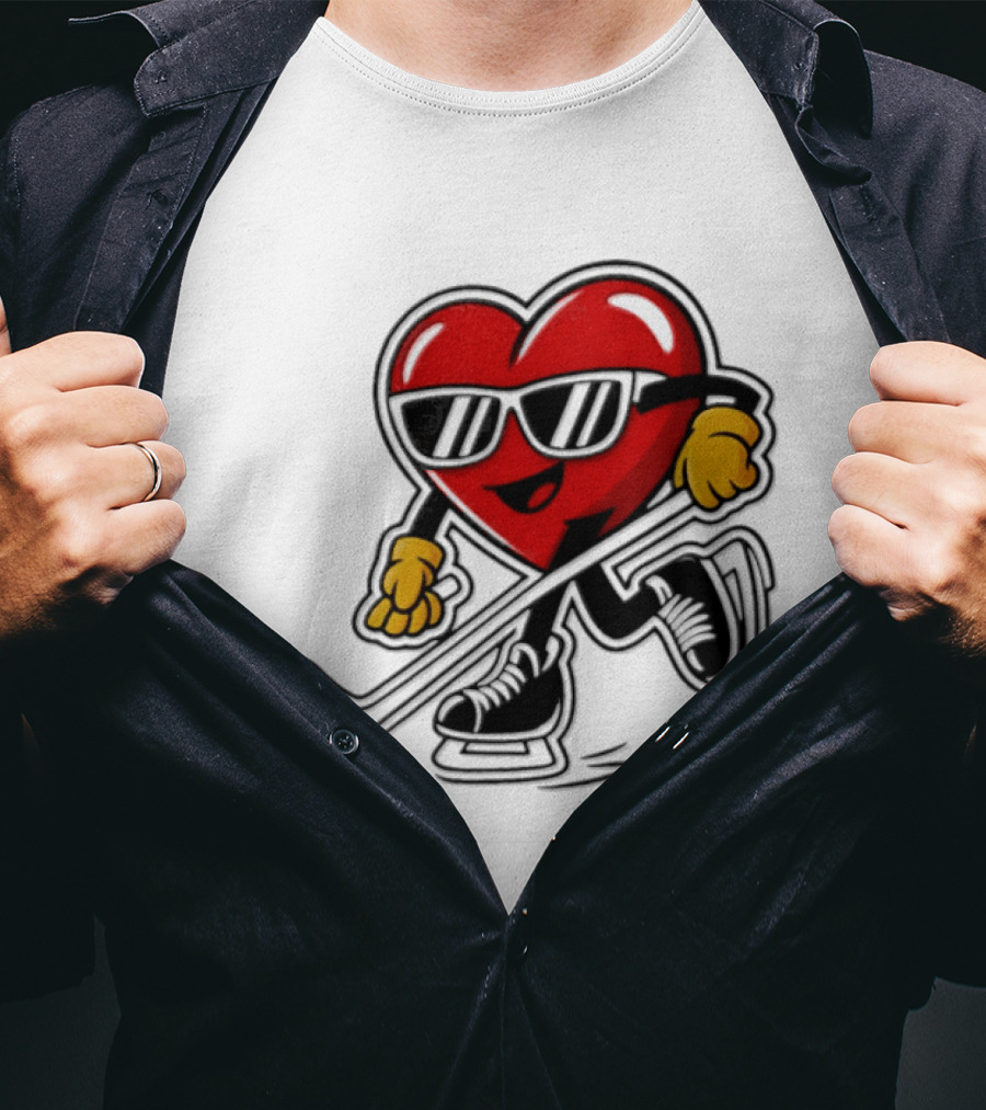 I Love Hockey Heart Character With Sunglasses And Stick T-Shirt