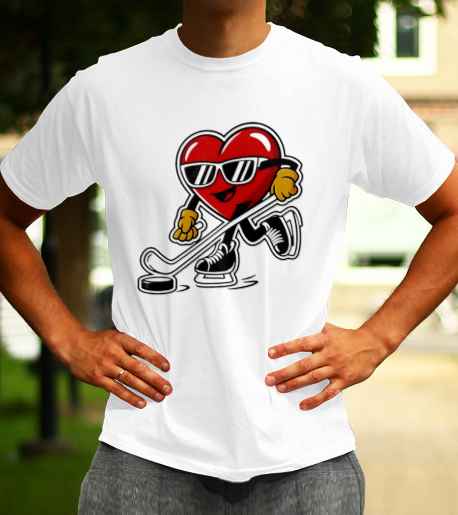 I Love Hockey Heart Character With Sunglasses And Stick T-Shirt