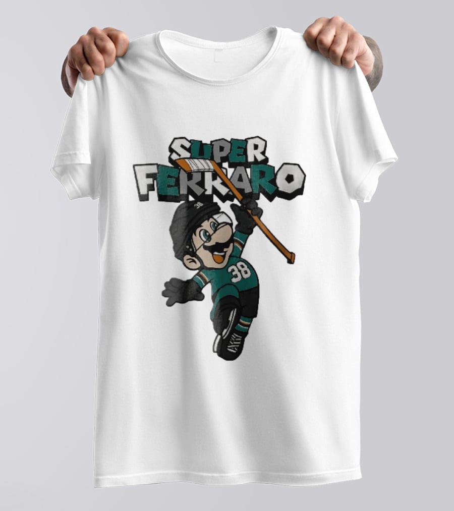 Super Ferraro Mario 38 Ice Hockey Player Jumping Stick Cartoon Caricature T-Shirt