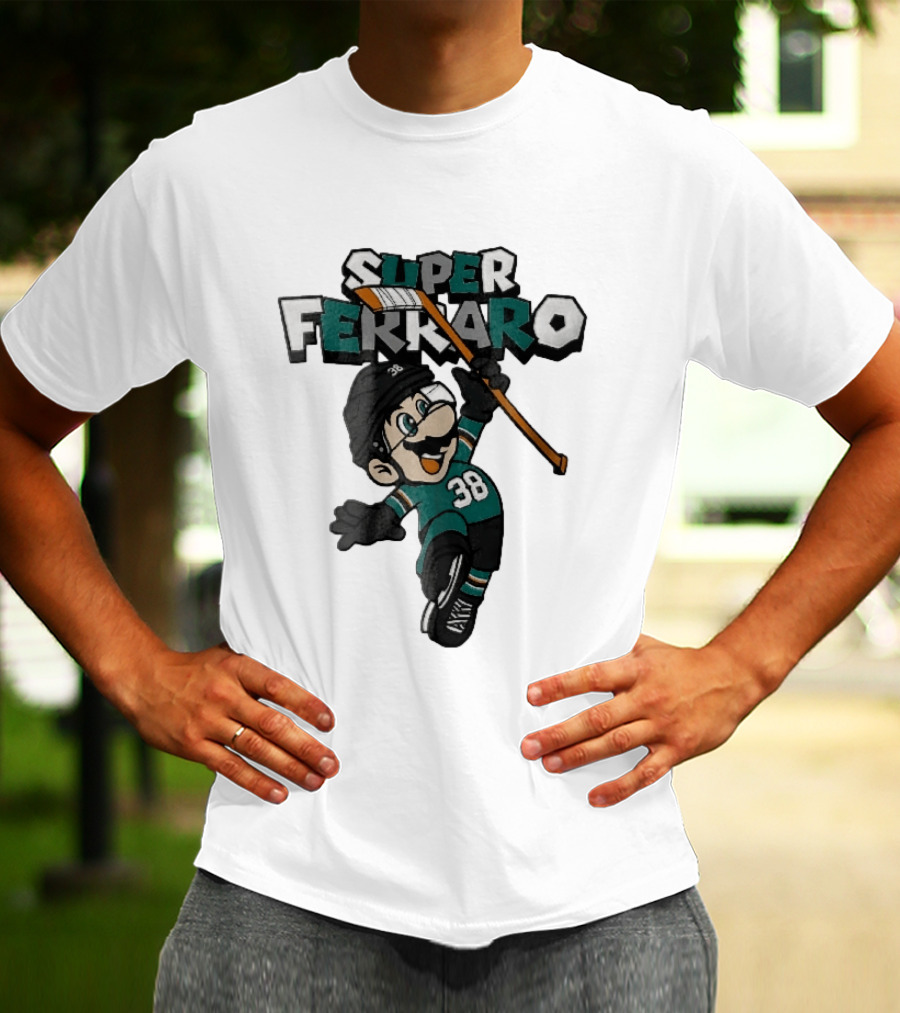 Super Ferraro Mario 38 Ice Hockey Player Jumping Stick Cartoon Caricature T-Shirt