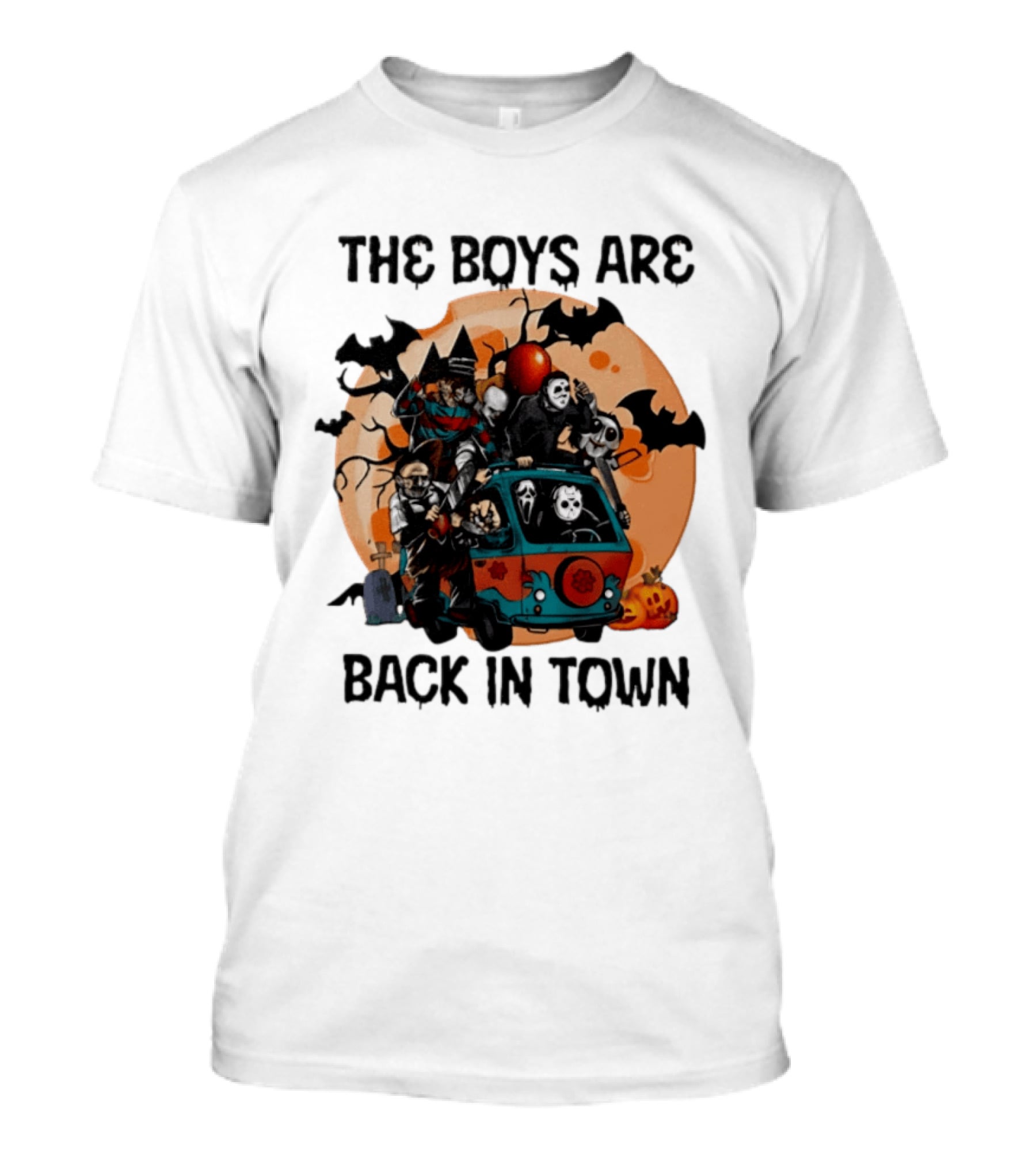 The Boys Are Back In Town Horror Characters Halloween Van Scene T-Shirt