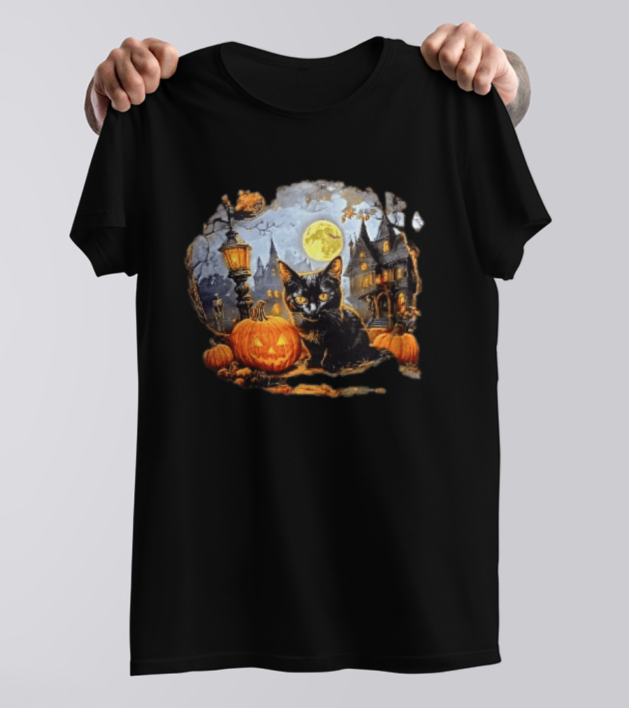 Black Cat Haunted House Pumpkin Full Moon Halloween Magic T-Shirt