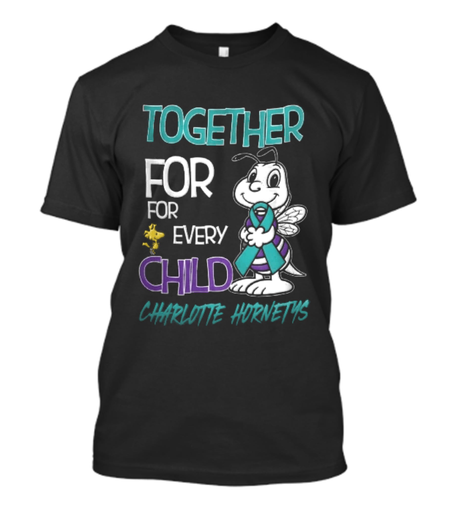 TOGETHER FOR EVERY CHILD Charlotte Hornets Cartoon Hornet Holding Ribbon Woodstock T-Shirt