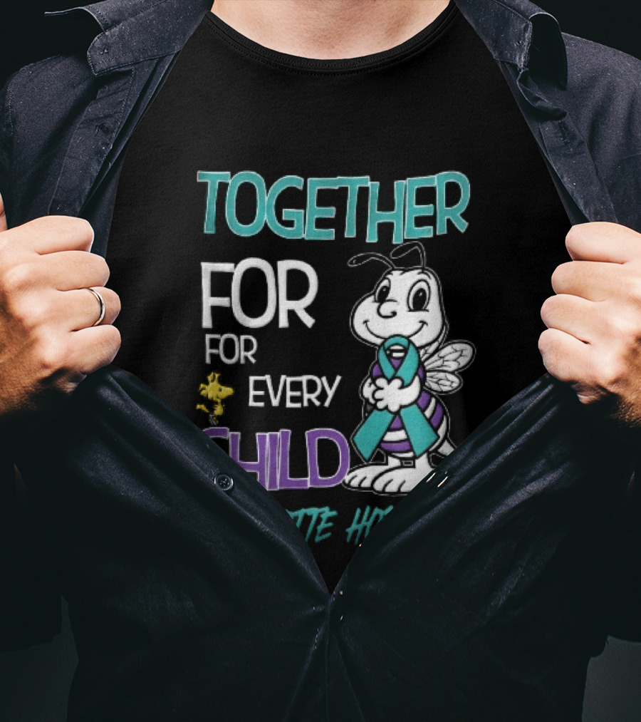TOGETHER FOR EVERY CHILD Charlotte Hornets Cartoon Hornet Holding Ribbon Woodstock T-Shirt