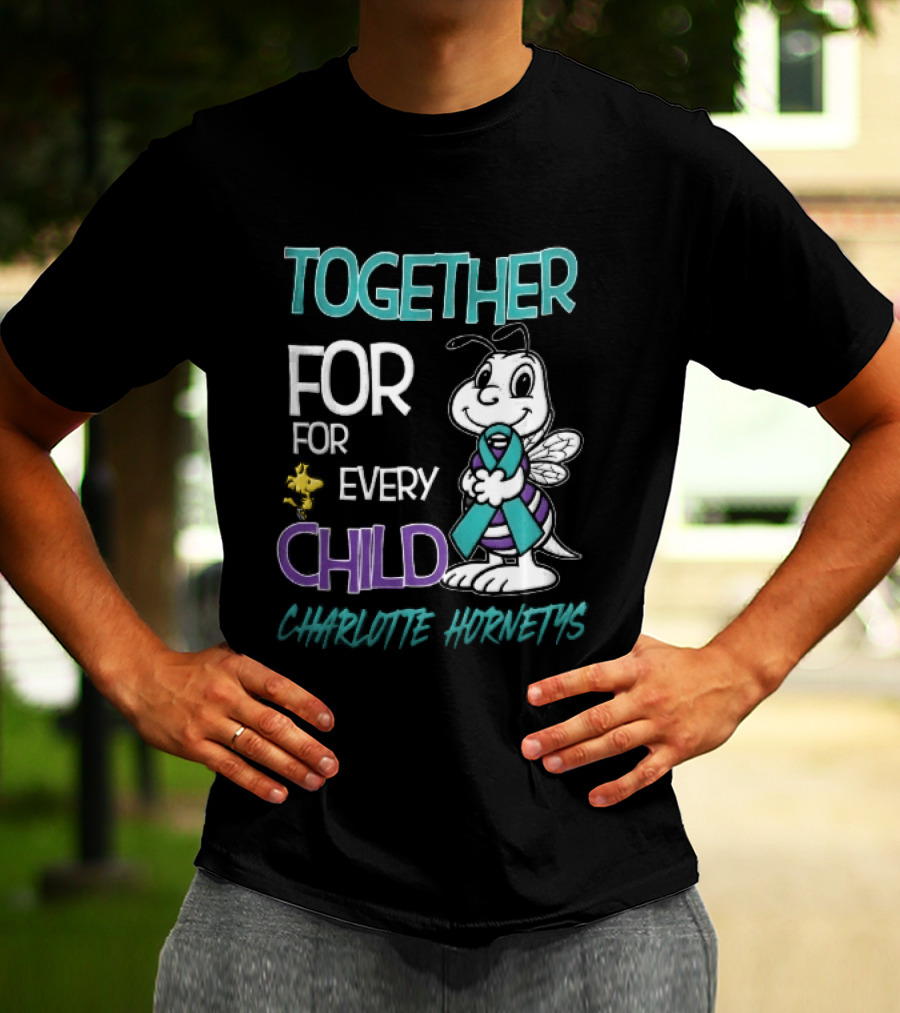 TOGETHER FOR EVERY CHILD Charlotte Hornets Cartoon Hornet Holding Ribbon Woodstock T-Shirt