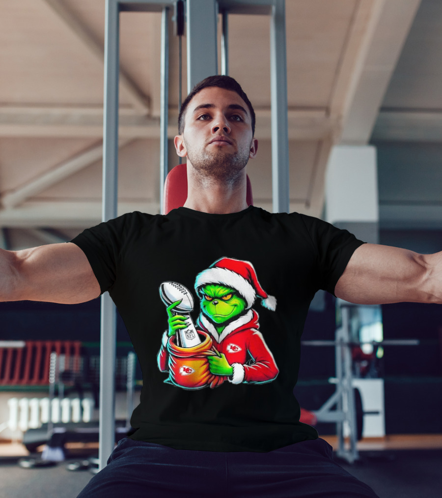 Kansas City Chiefs Grinch Christmas Holiday NFL Trophy Santa Hat T-Shirt