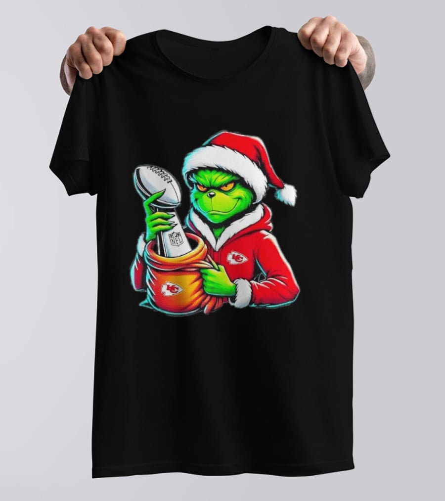 Kansas City Chiefs Grinch Christmas Holiday NFL Trophy Santa Hat T-Shirt