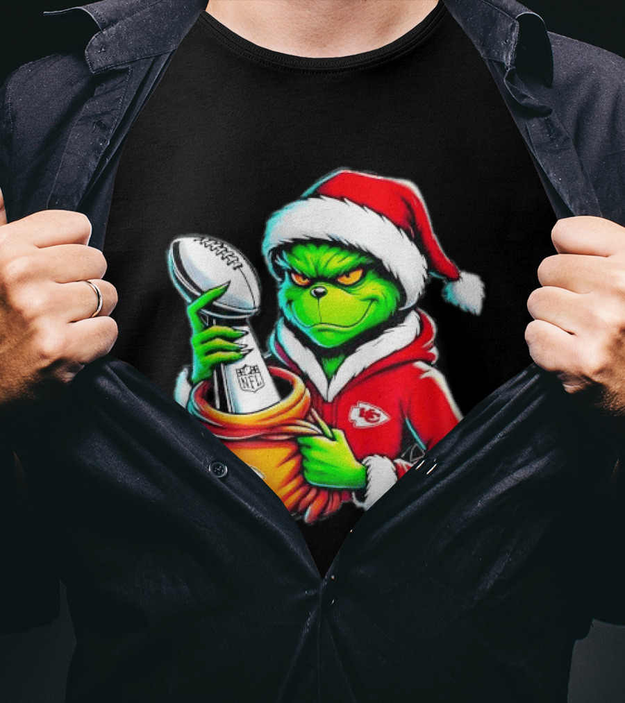 Kansas City Chiefs Grinch Christmas Holiday NFL Trophy Santa Hat T-Shirt