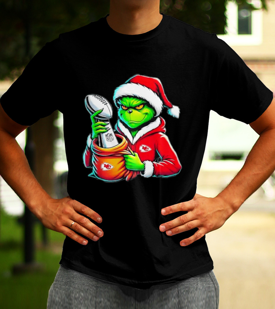 Kansas City Chiefs Grinch Christmas Holiday NFL Trophy Santa Hat T-Shirt