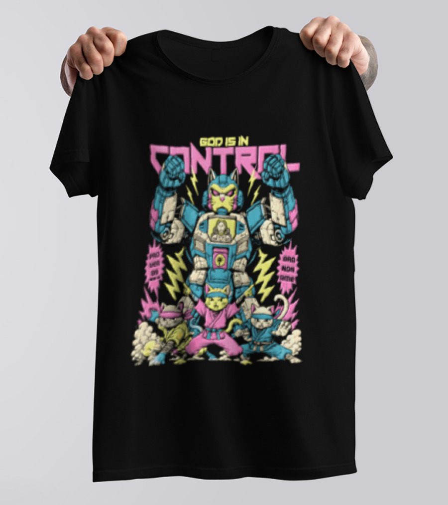 Mecha Cat Jesus Ninja Kittens God Is In Control Proverbs 3 6 T-Shirt