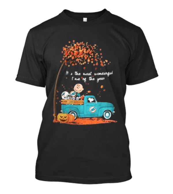 Miami Dolphins Charlie Brown Snoopy Pickup Truck Pumpkins Most Wonderful Time Of Year T-Shirt