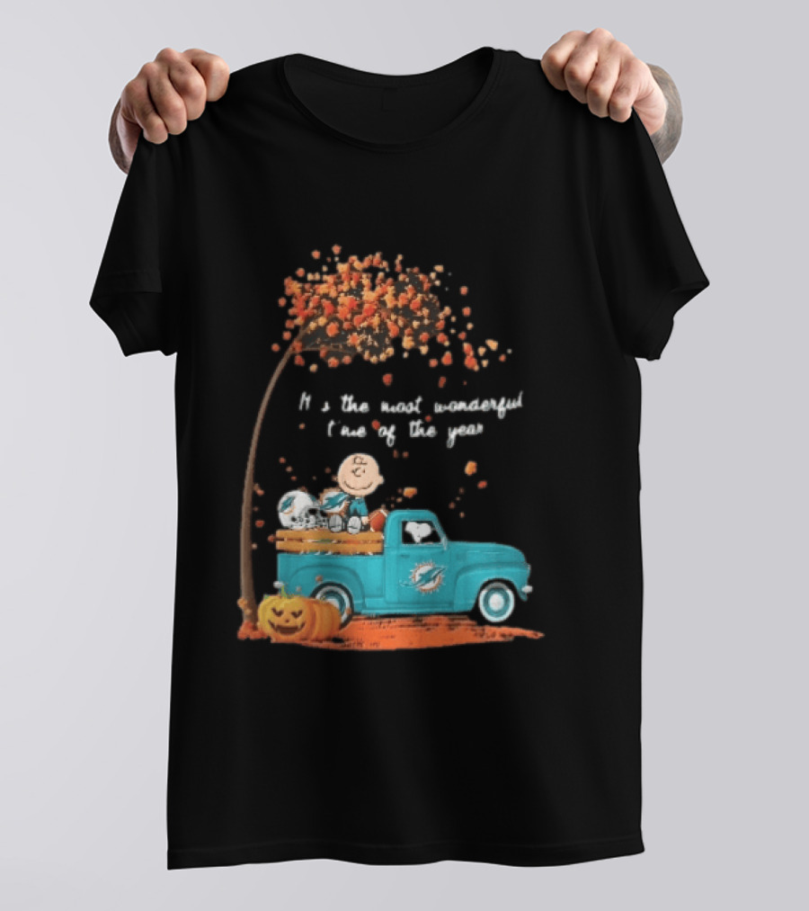 Miami Dolphins Charlie Brown Snoopy Pickup Truck Pumpkins Most Wonderful Time Of Year T-Shirt