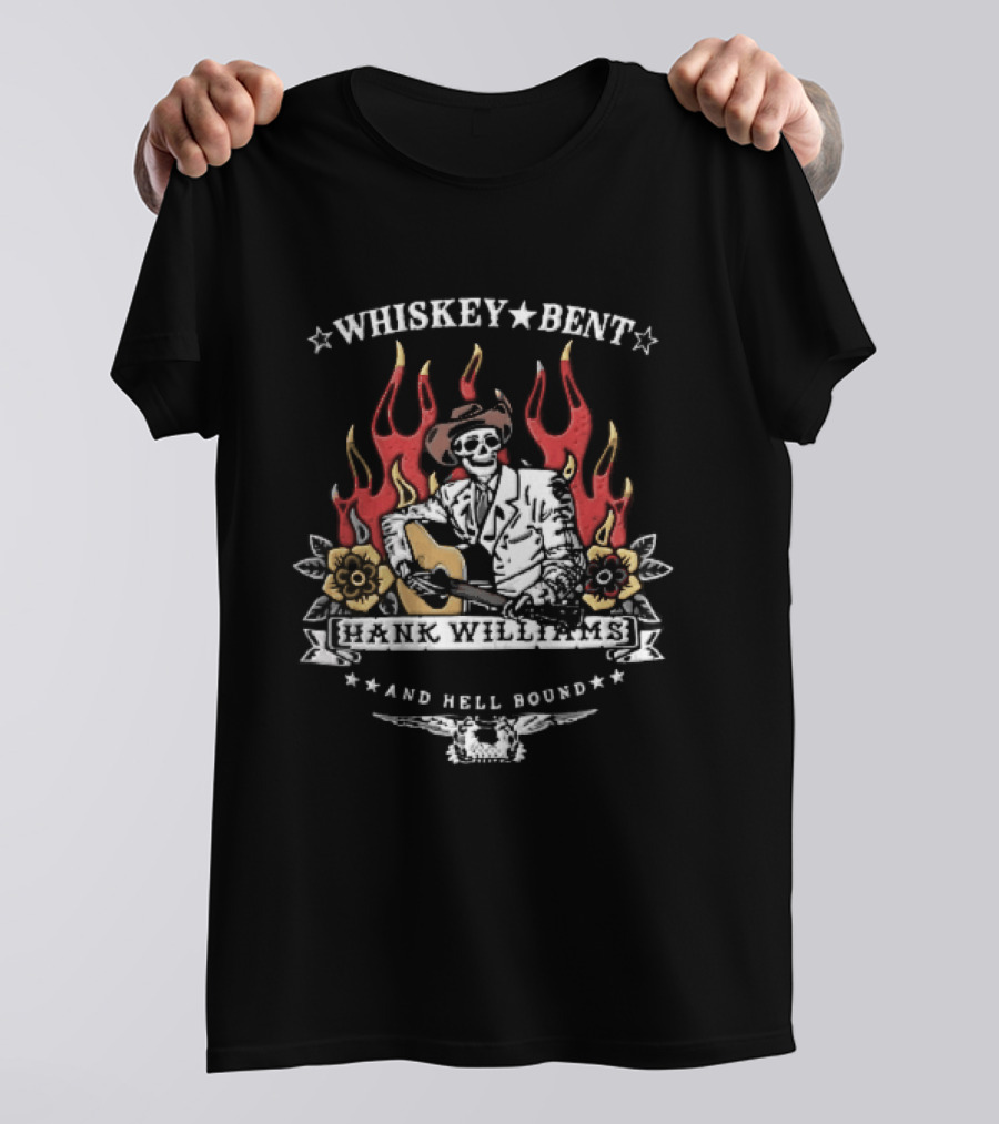 Hank Williams Jr Whiskey Bent And Hell Bound Western Guitar Flames T-Shirt