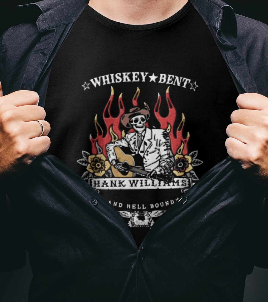 Hank Williams Jr Whiskey Bent And Hell Bound Western Guitar Flames T-Shirt