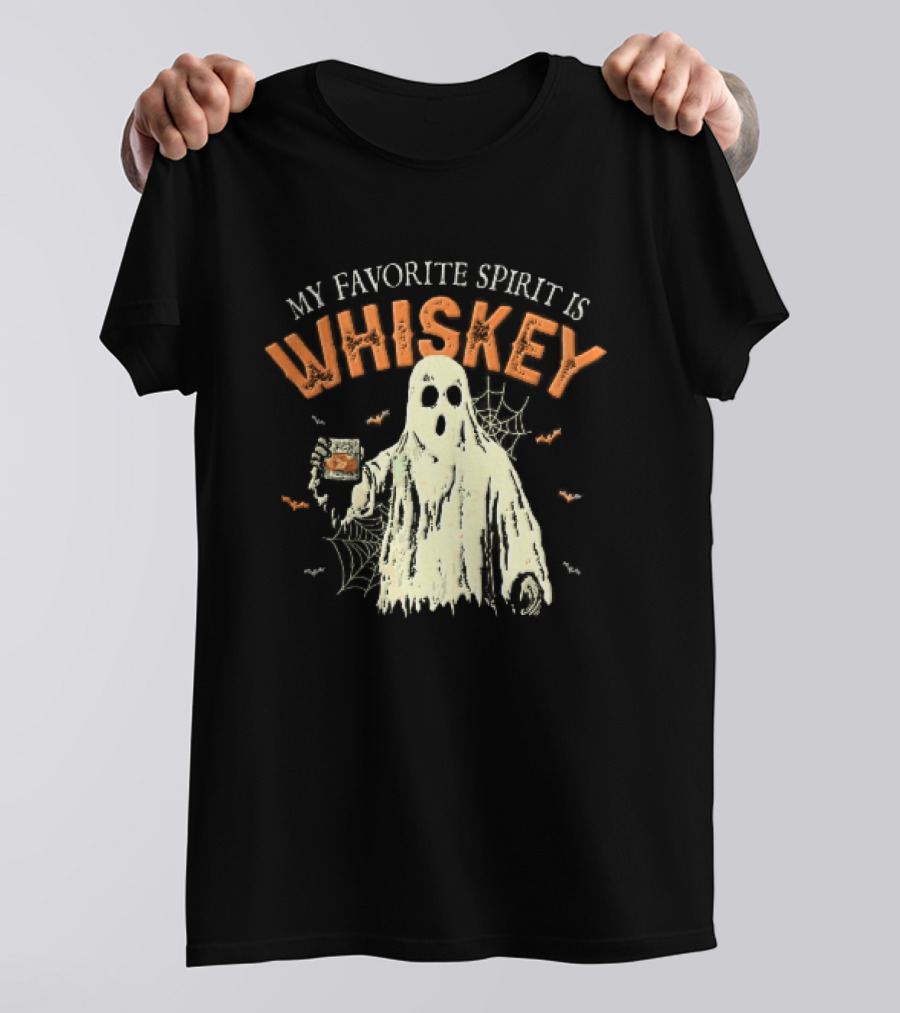 My Favorite Spirit Is Whiskey Ghost Holding Glass Bats Cobwebs Distressed T-Shirt