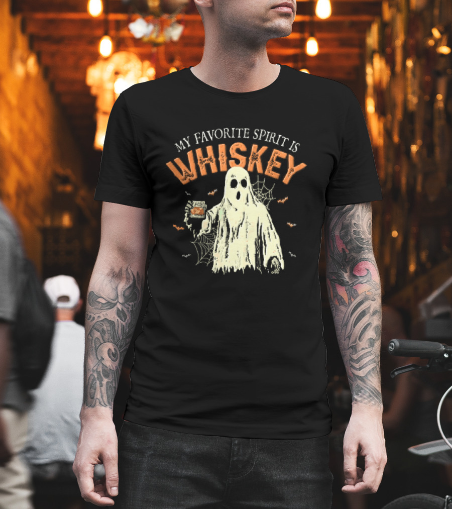 My Favorite Spirit Is Whiskey Ghost Holding Glass Bats Cobwebs Distressed T-Shirt