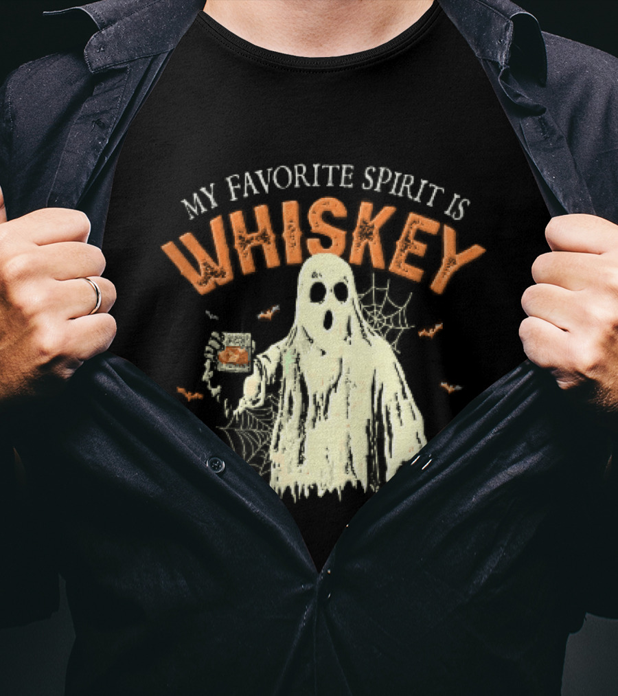 My Favorite Spirit Is Whiskey Ghost Holding Glass Bats Cobwebs Distressed T-Shirt