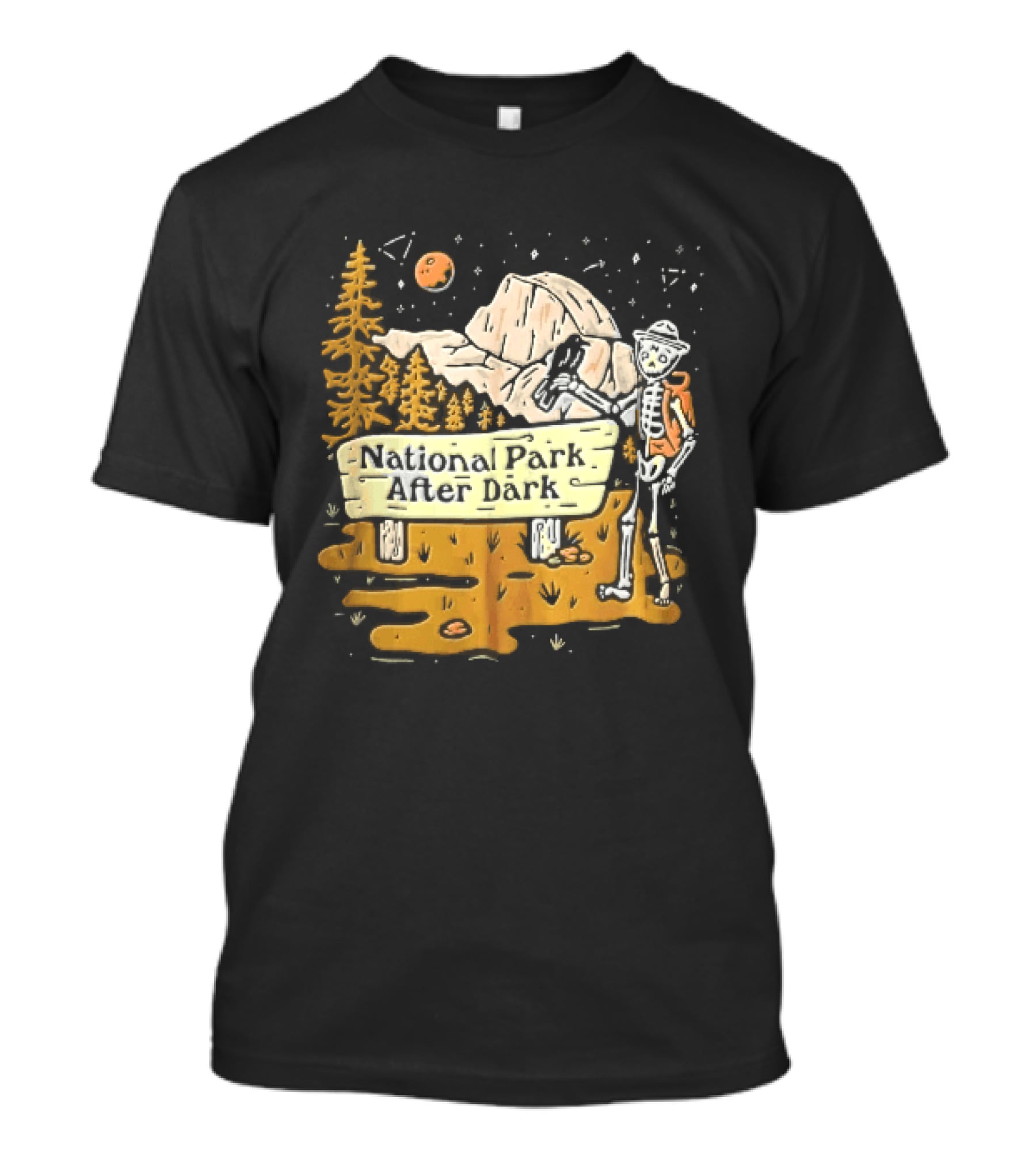 National Park After Dark Skeleton Ranger With Raven And Mountain Cartoons T-Shirt