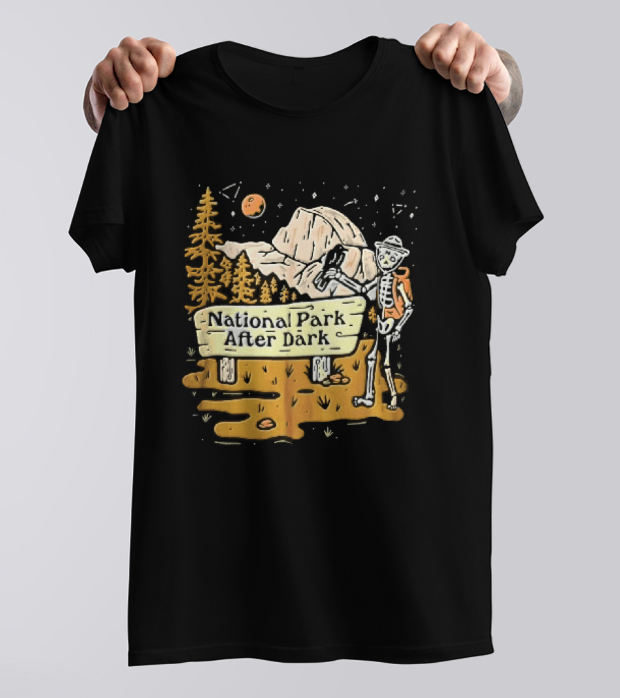 National Park After Dark Skeleton Ranger With Raven And Mountain Cartoons T-Shirt