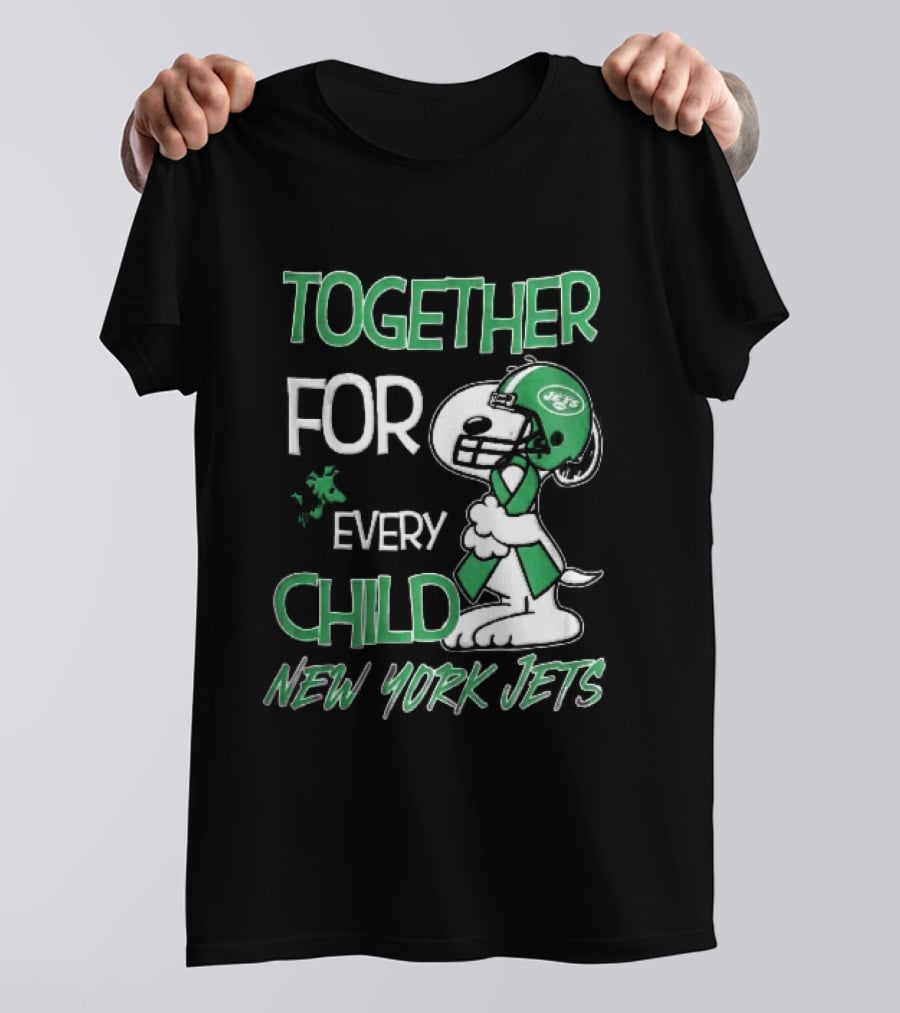 New York Jets Snoopy Woodstock Together For Every Child Football Helmet Green Ribbon T-Shirt