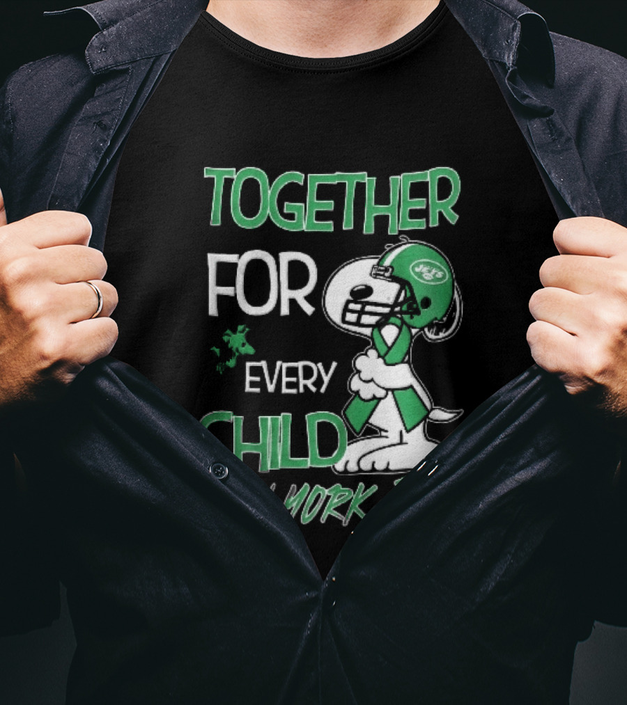 New York Jets Snoopy Woodstock Together For Every Child Football Helmet Green Ribbon T-Shirt