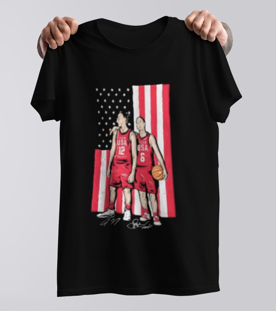 Sue Bird Diana Taurasi USA Basketball American Flag Signatures T-Shirt