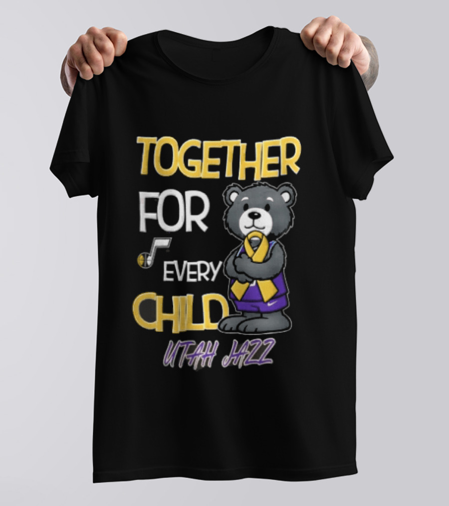 Utah Jazz Together For Every Child Cartoon Bear Gold Ribbon Purple Uniform T-Shirt