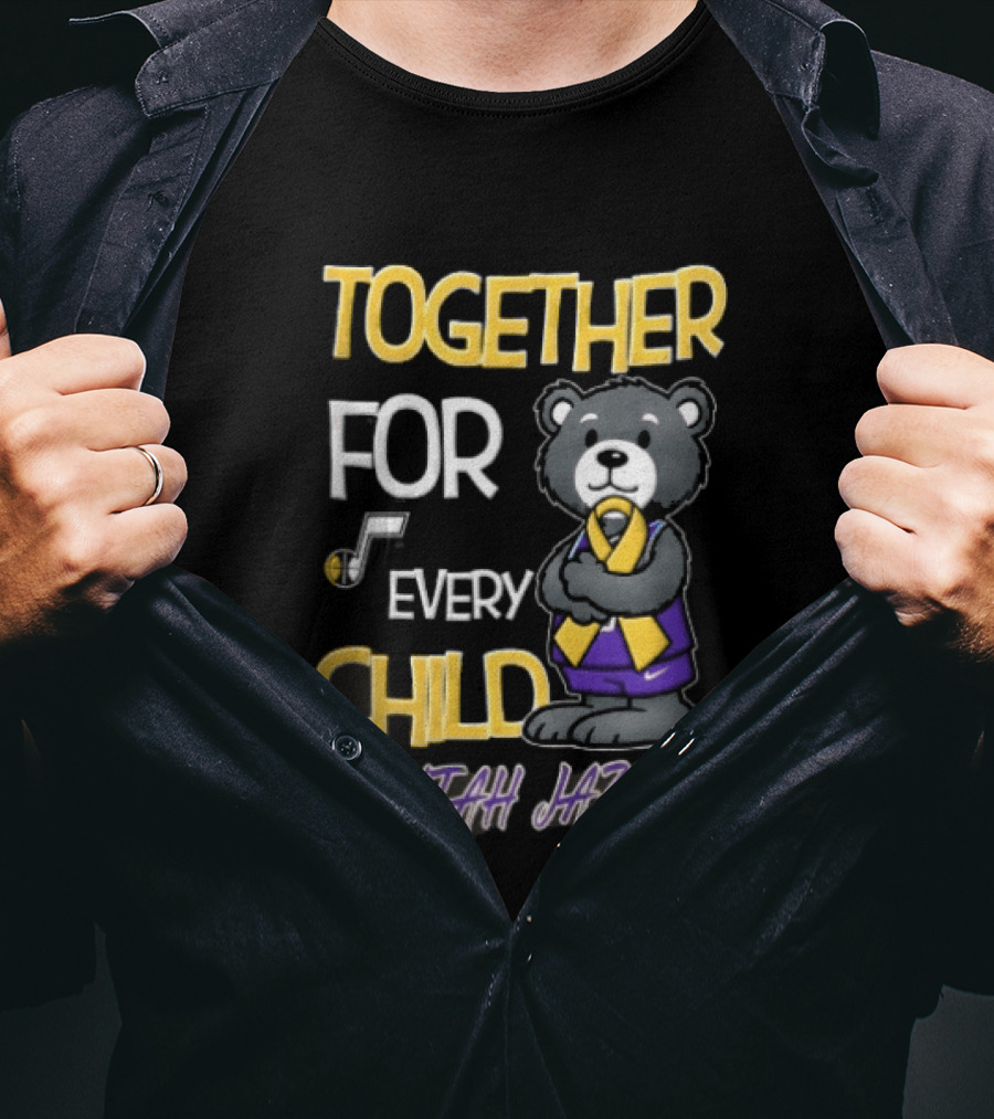 Utah Jazz Together For Every Child Cartoon Bear Gold Ribbon Purple Uniform T-Shirt