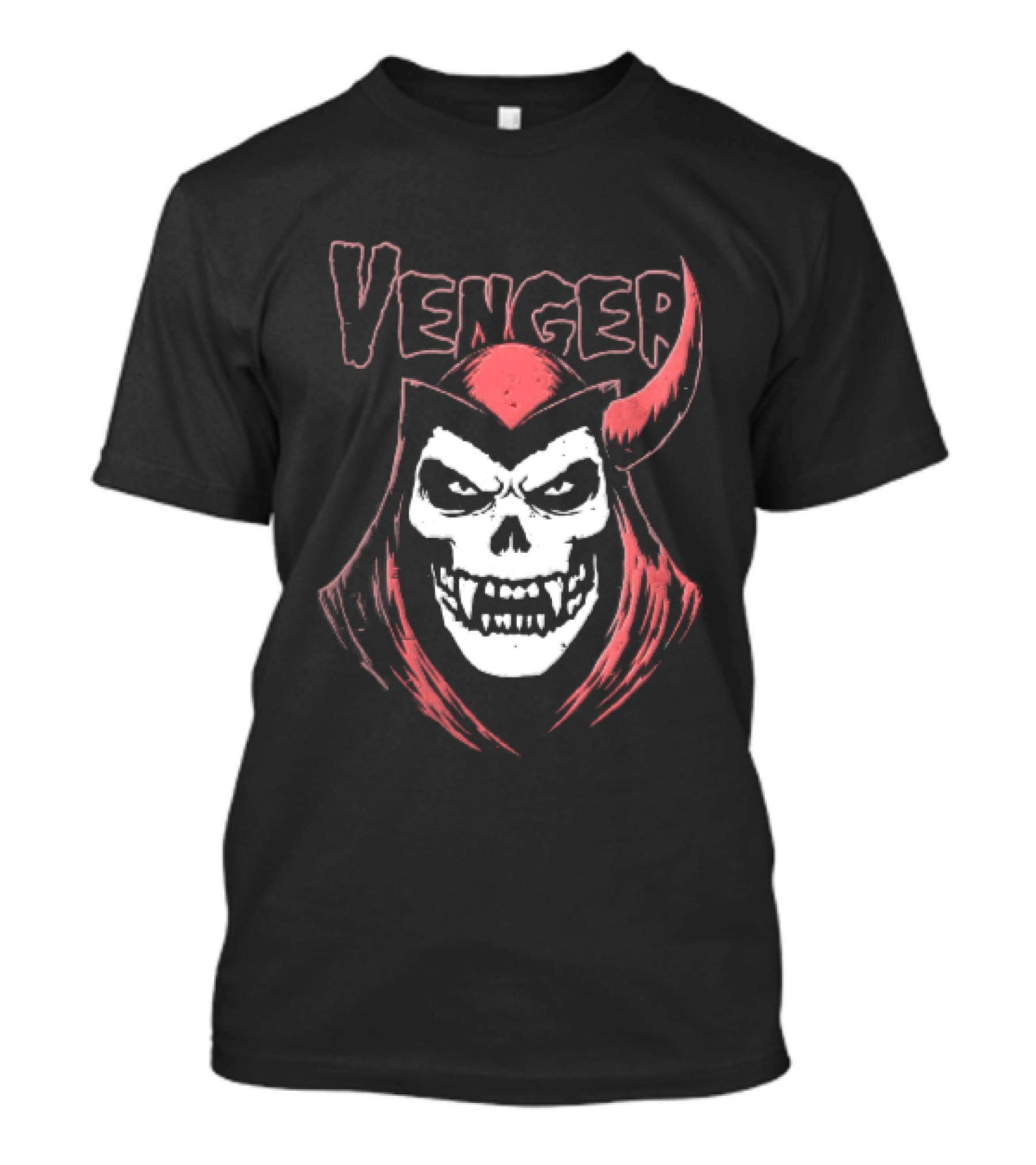 Venger Distressed Red Hooded Skull Face One Horned Demon T-Shirt