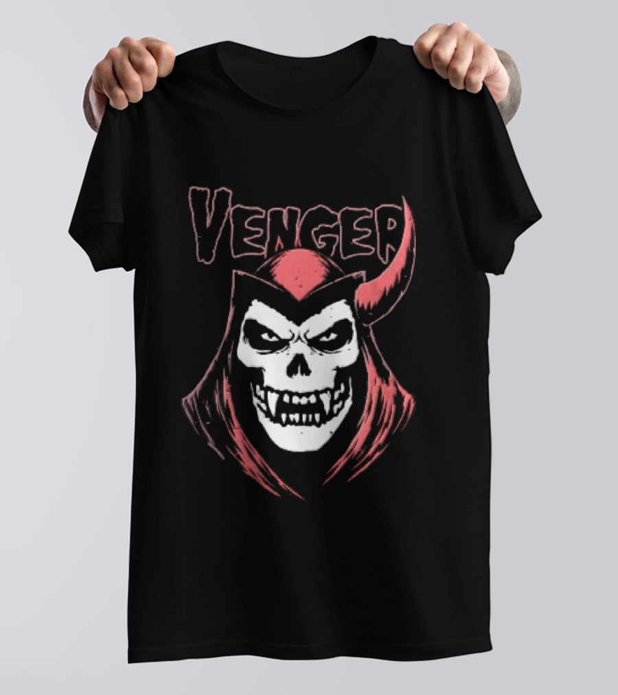 Venger Distressed Red Hooded Skull Face One Horned Demon T-Shirt