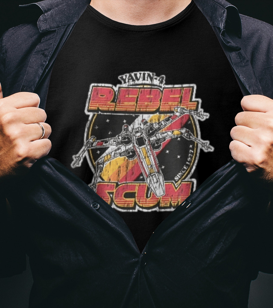 Yavin 4 Rebel Scum Since 1977 Distressed X Wing Starfighter Space T-Shirt