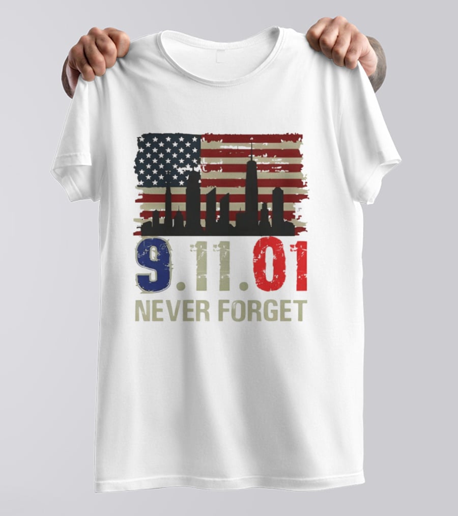 9.11.01 Never Forget American Flag Skyline Memorial Patriot 9 11 T-Shirt