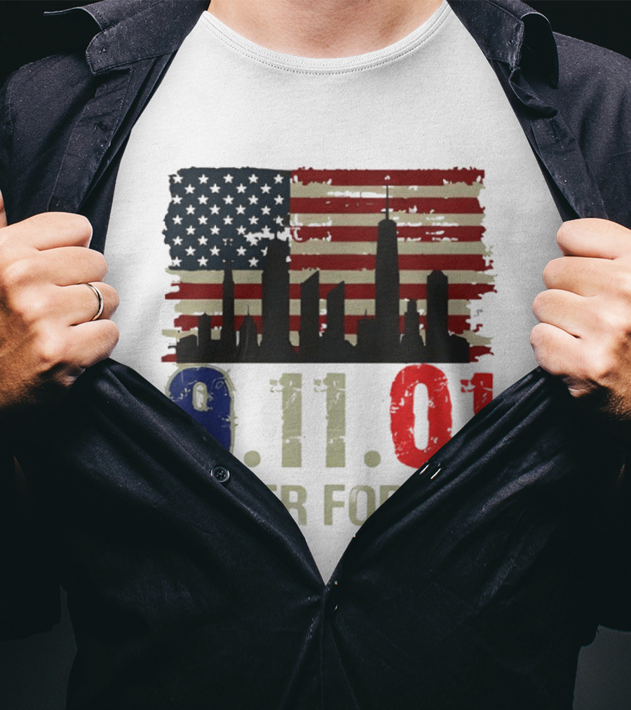 9.11.01 Never Forget American Flag Skyline Memorial Patriot 9 11 T-Shirt