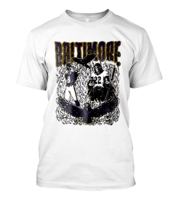 Baltimore Ravens Skeleton Grim Reaper Scythe Purple Flames Football Players Ravens T-Shirt