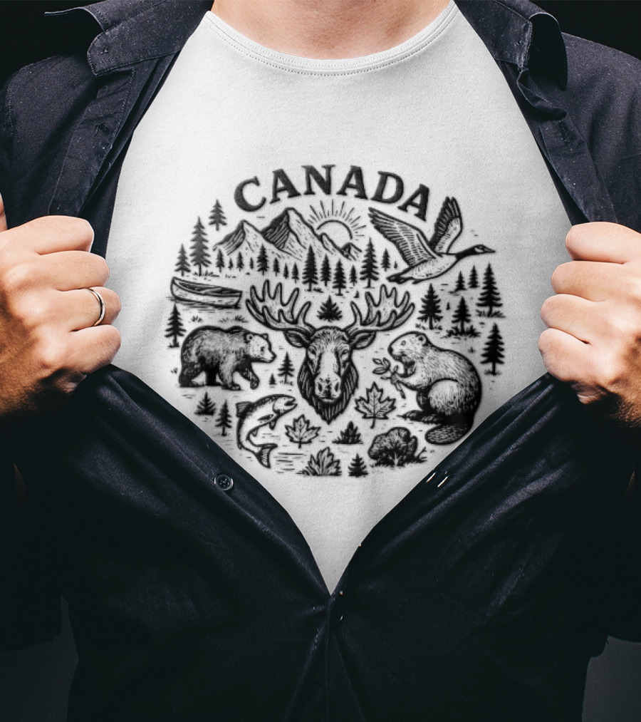 Canada Moose Bear Owl Squirrel Trees Mountains Sun Wildlife T-Shirt