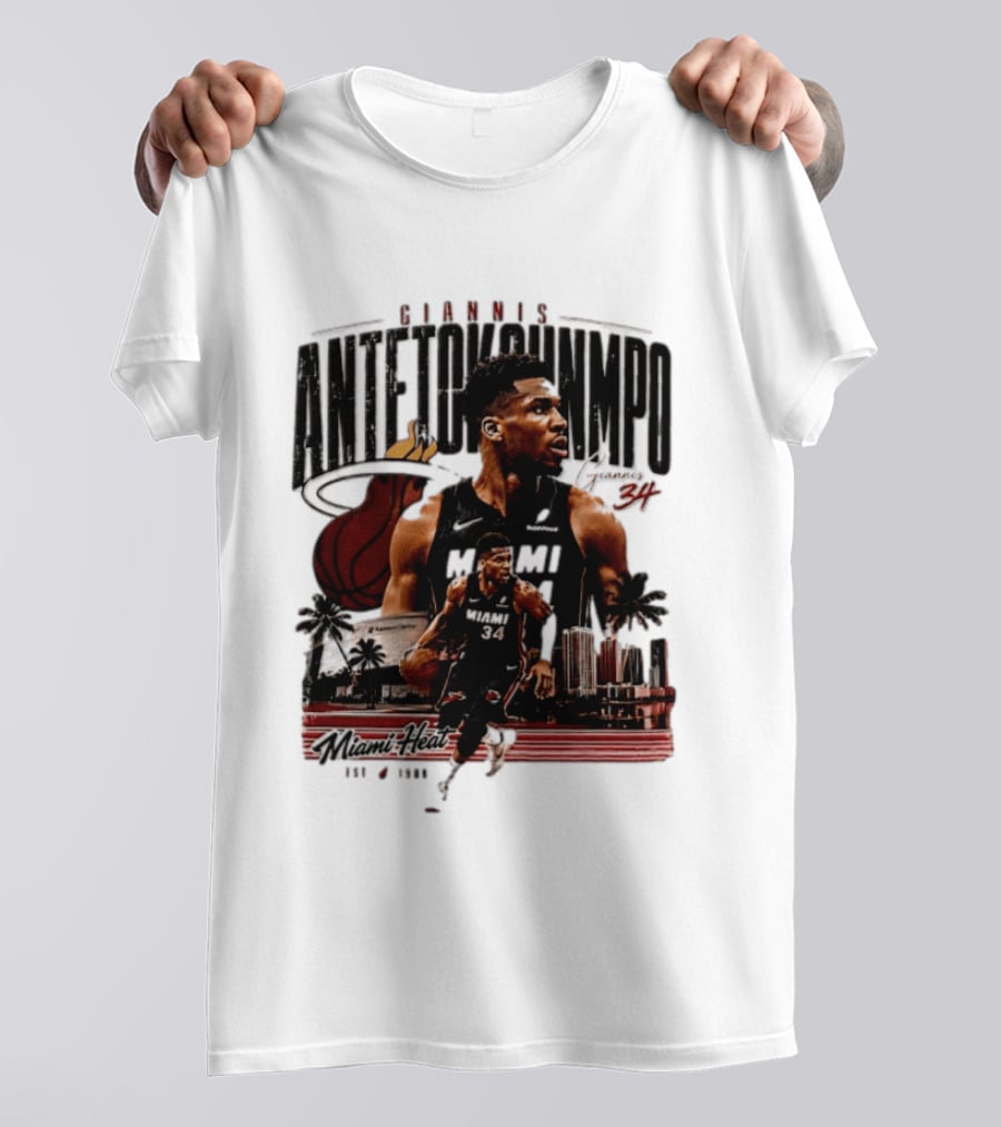 Giannis Antetokounmpo Miami Heat NBA Player Est 1988 Kaseya Center Palms And Cityscape T-Shirt