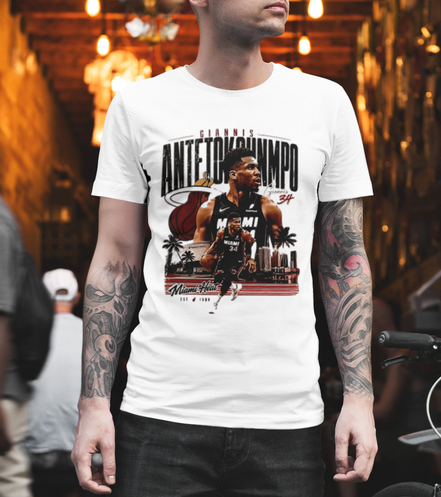 Giannis Antetokounmpo Miami Heat NBA Player Est 1988 Kaseya Center Palms And Cityscape T-Shirt