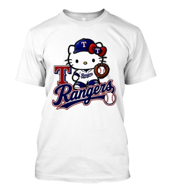 Hello Kitty Texas Rangers Baseball 2026 MLB Rangers Logo With Baseball Glove And Cap T-Shirt