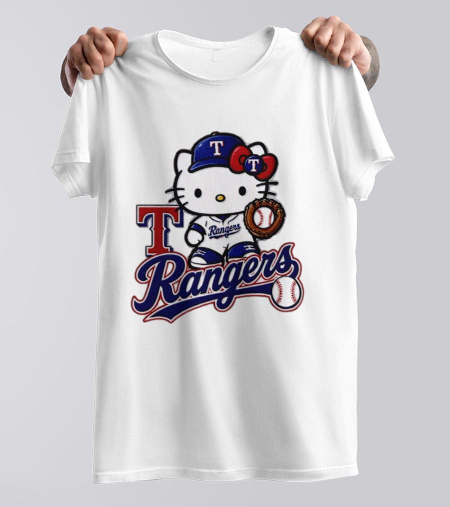 Hello Kitty Texas Rangers Baseball 2026 MLB Rangers Logo With Baseball Glove And Cap T-Shirt