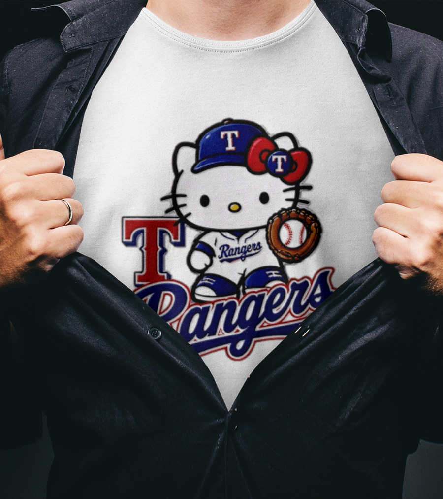 Hello Kitty Texas Rangers Baseball 2026 MLB Rangers Logo With Baseball Glove And Cap T-Shirt