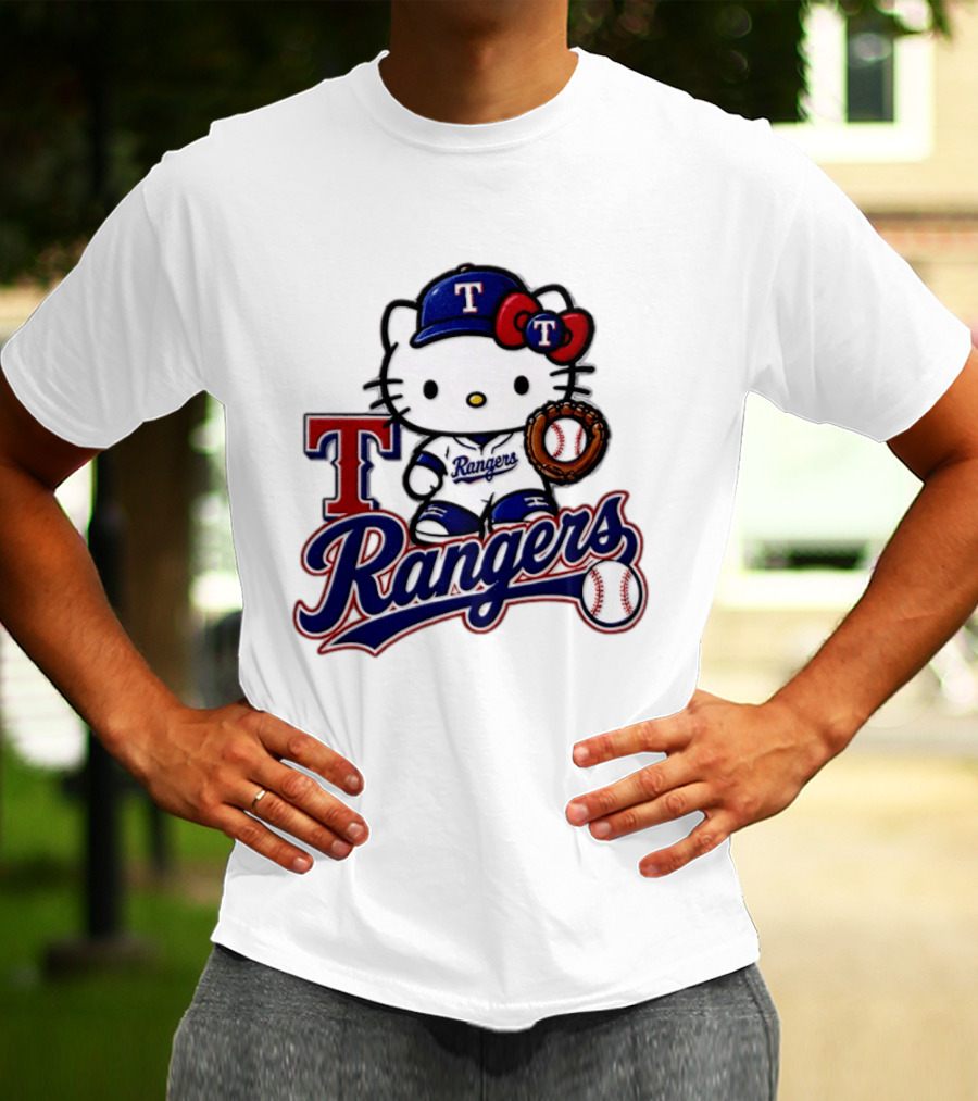 Hello Kitty Texas Rangers Baseball 2026 MLB Rangers Logo With Baseball Glove And Cap T-Shirt