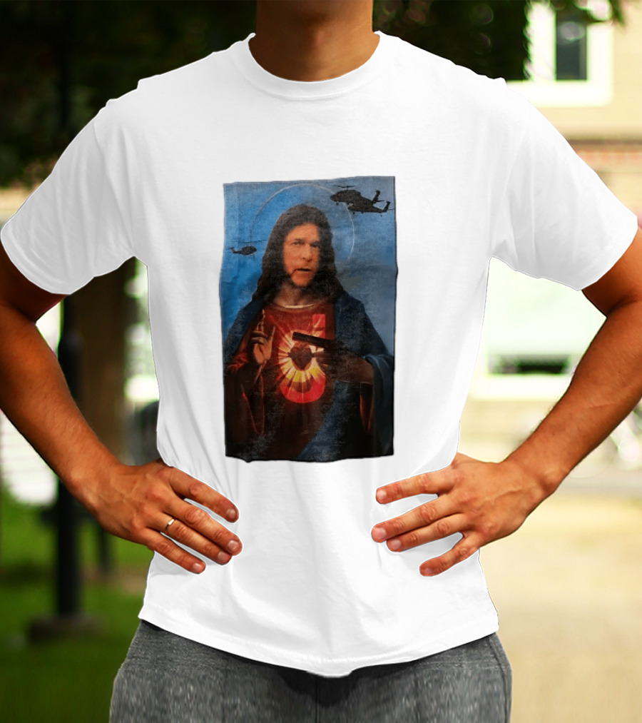 Jesus With Handgun And Military Helicopters Halo T-Shirt