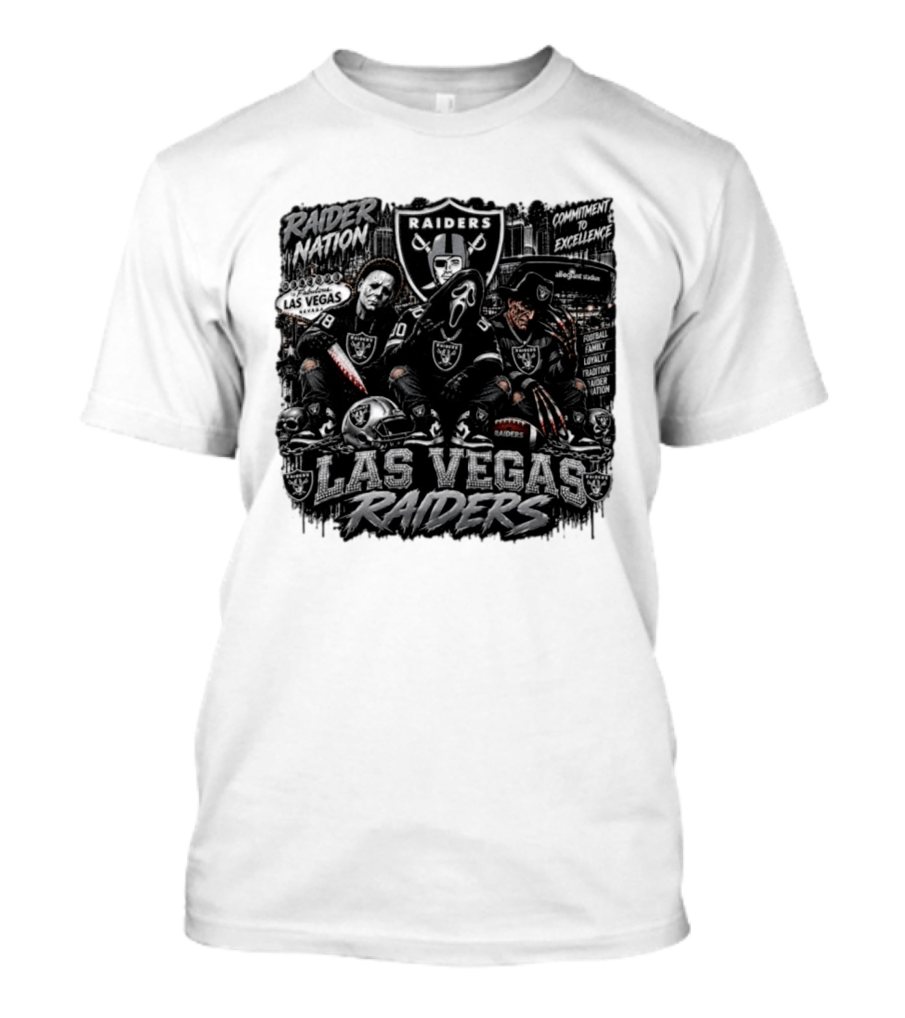 Raider Nation Las Vegas Raiders Michael Myers Ghostface Freddy Krueger Commitment To Excellence Halloween Allegiant Stadium T-Shirt