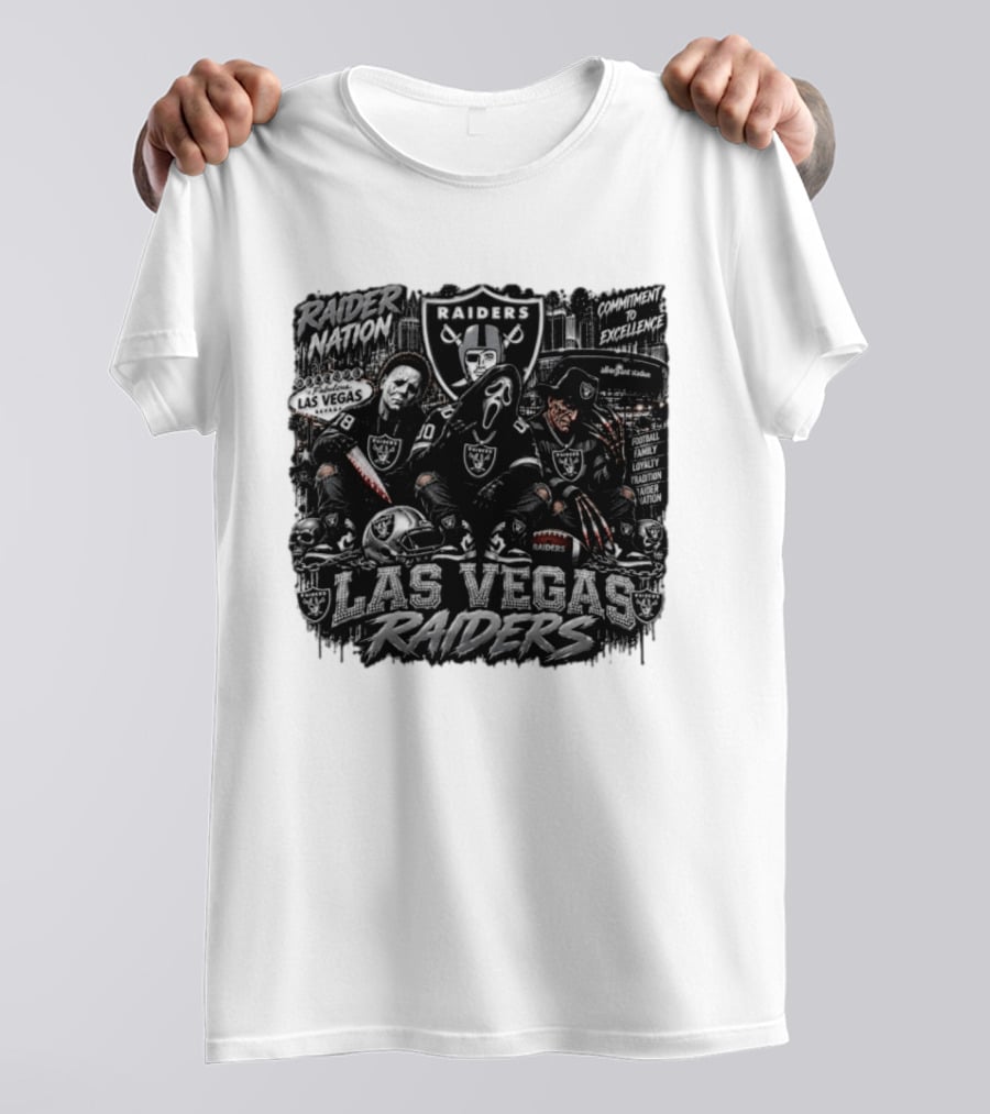 Raider Nation Las Vegas Raiders Michael Myers Ghostface Freddy Krueger Commitment To Excellence Halloween Allegiant Stadium T-Shirt